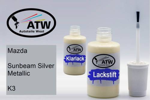 Mazda, Sunbeam Silver Metallic, K3: 20ml Lackstift + 20ml Klarlack - Set, von ATW Autoteile West.